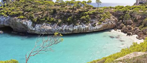 Un paysage côtier caractérisé par des falaises rocheuses, une mer turquoise et une végétation clairsemée.