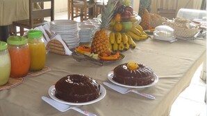 Una mesa de bufé con diversos alimentos, incluyendo frutas, un pastel de chocolate y jugo.