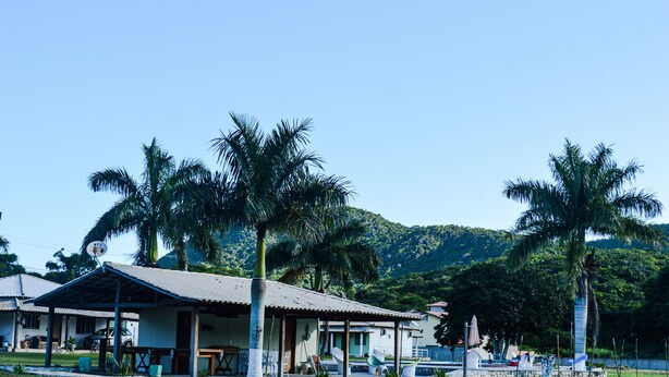 Una casa con patio, rodeada de palmeras y una montaña al fondo.
