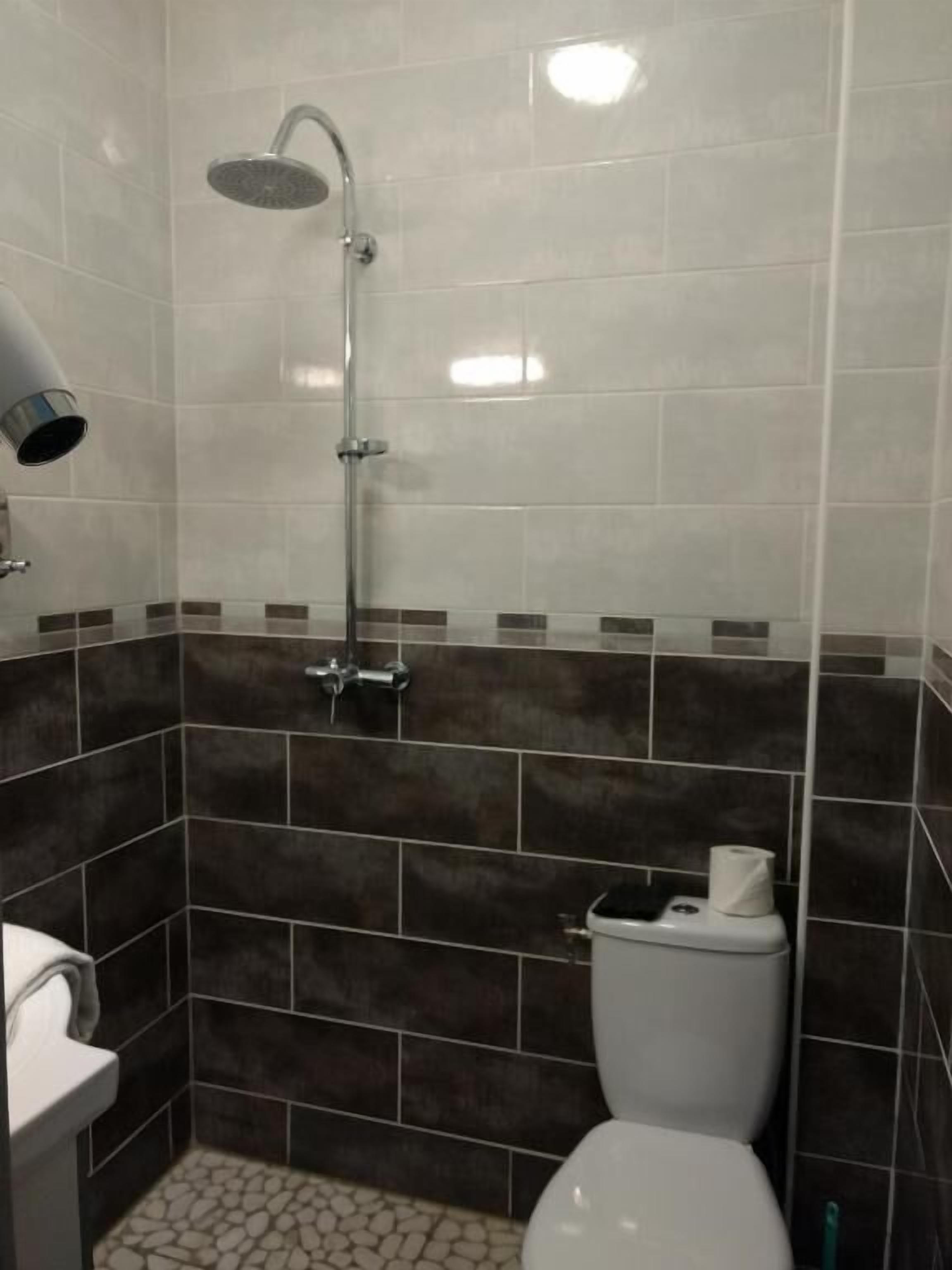 Ein Badezimmer mit Dusche, Toilette und Waschbecken.