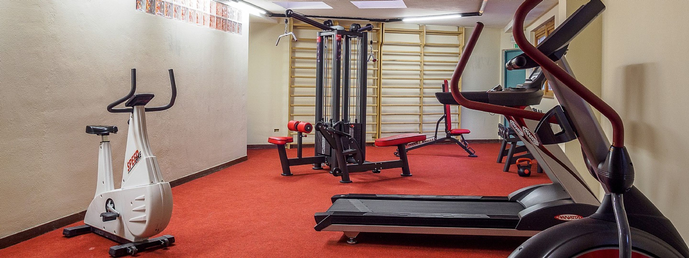 Una palestra con attrezzature cardio, macchinari per pesi e un pavimento rivestito di moquette rossa.