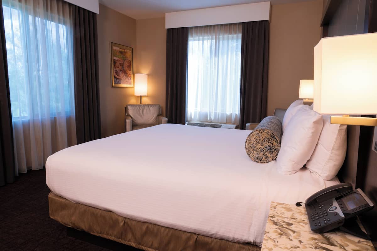 Habitación de hotel con una cama grande, dos lámparas de noche, un teléfono y un cuadro en la pared.