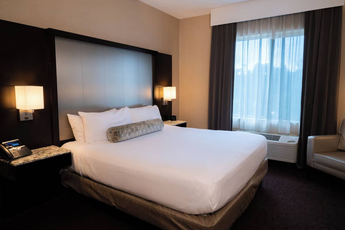 Una habitación de hotel con una cama grande, dos lámparas de noche, un teléfono, un equipo de aire acondicionado y una ventana con cortinas.
