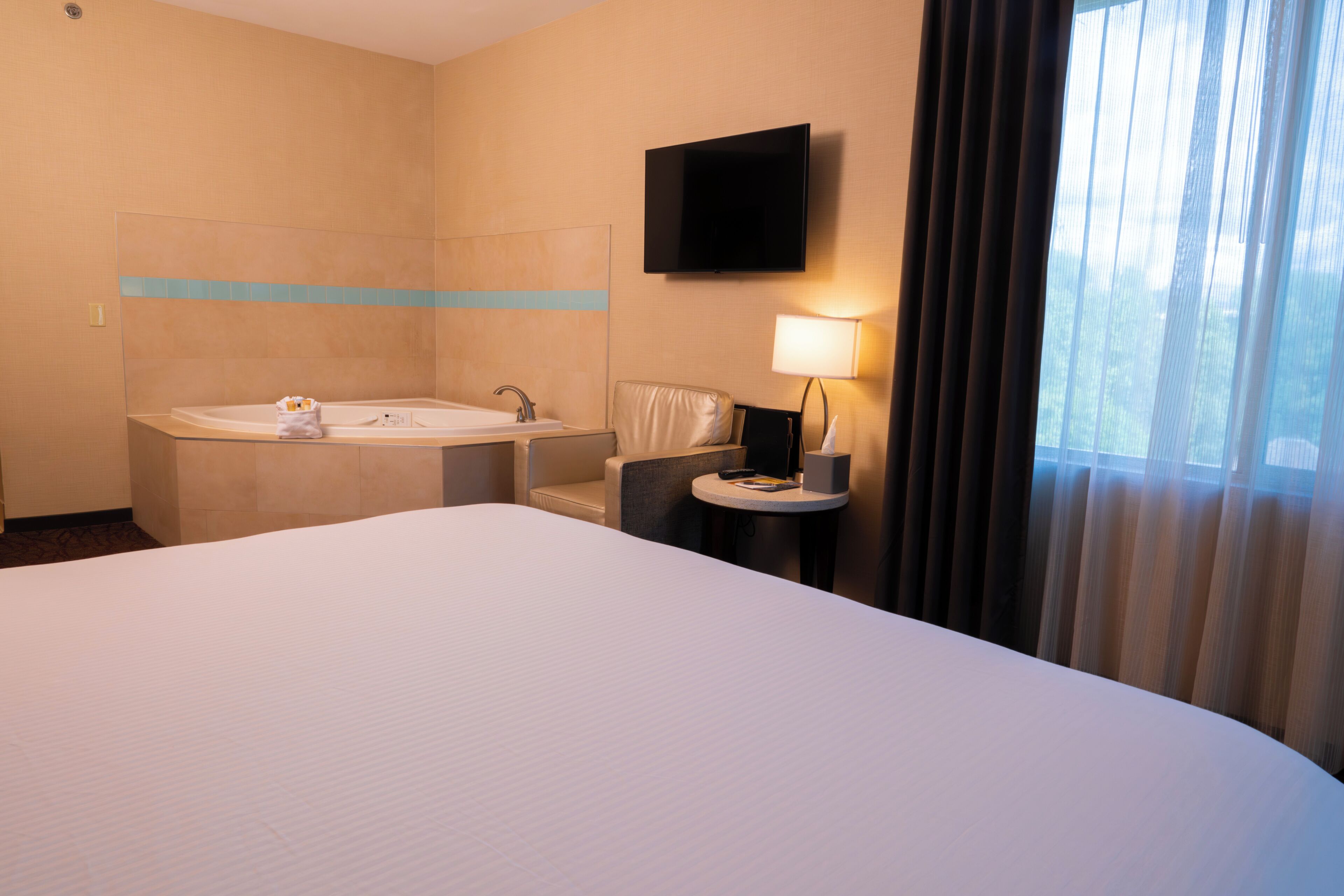Habitación de hotel con una cama grande, baño con bañera, televisor de pantalla plana, mesita de noche con lámpara y vistas al exterior.