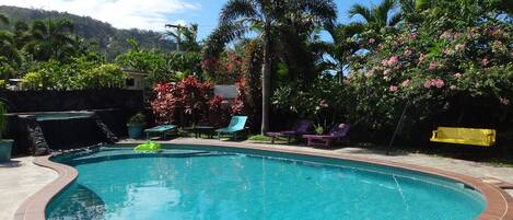 A swimming pool with a brick border, surrounded by lush greenery and palm trees.
