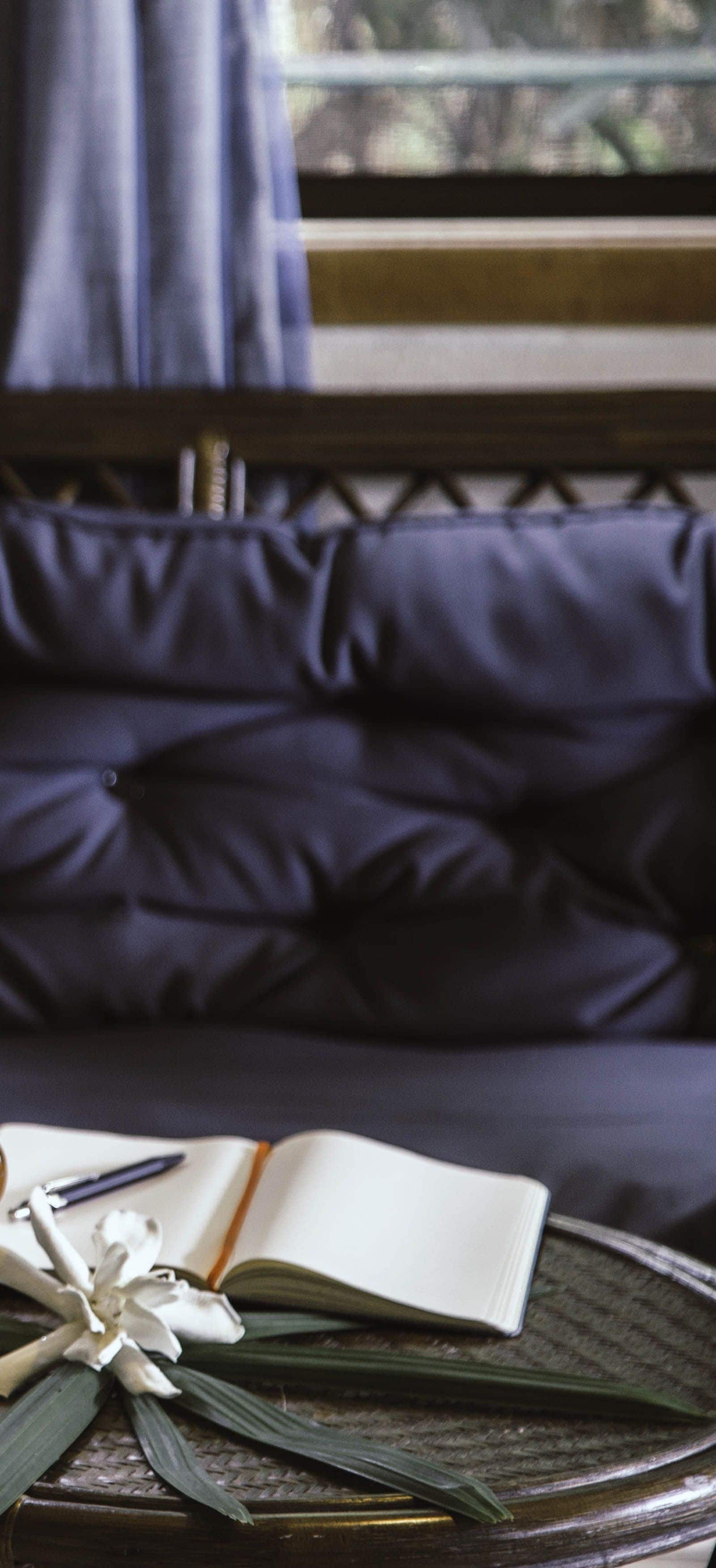 Una habitación con un sofá azul oscuro, una mesita con un libro y una flor blanca.
