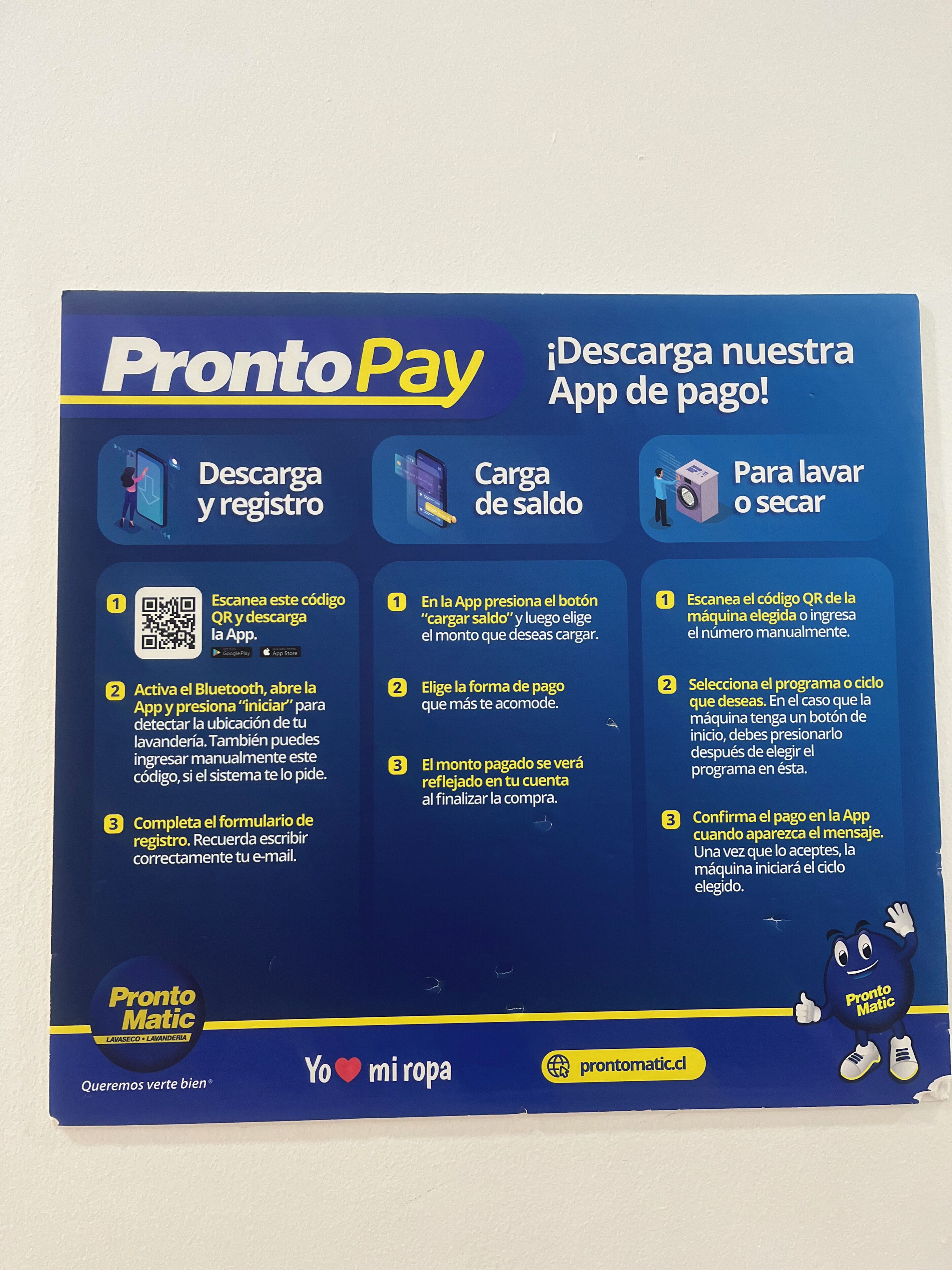 A ProntoPay app download instruction poster with QR code scanning, Bluetooth activation, payment form completion, and QR code scanning for machine selection.