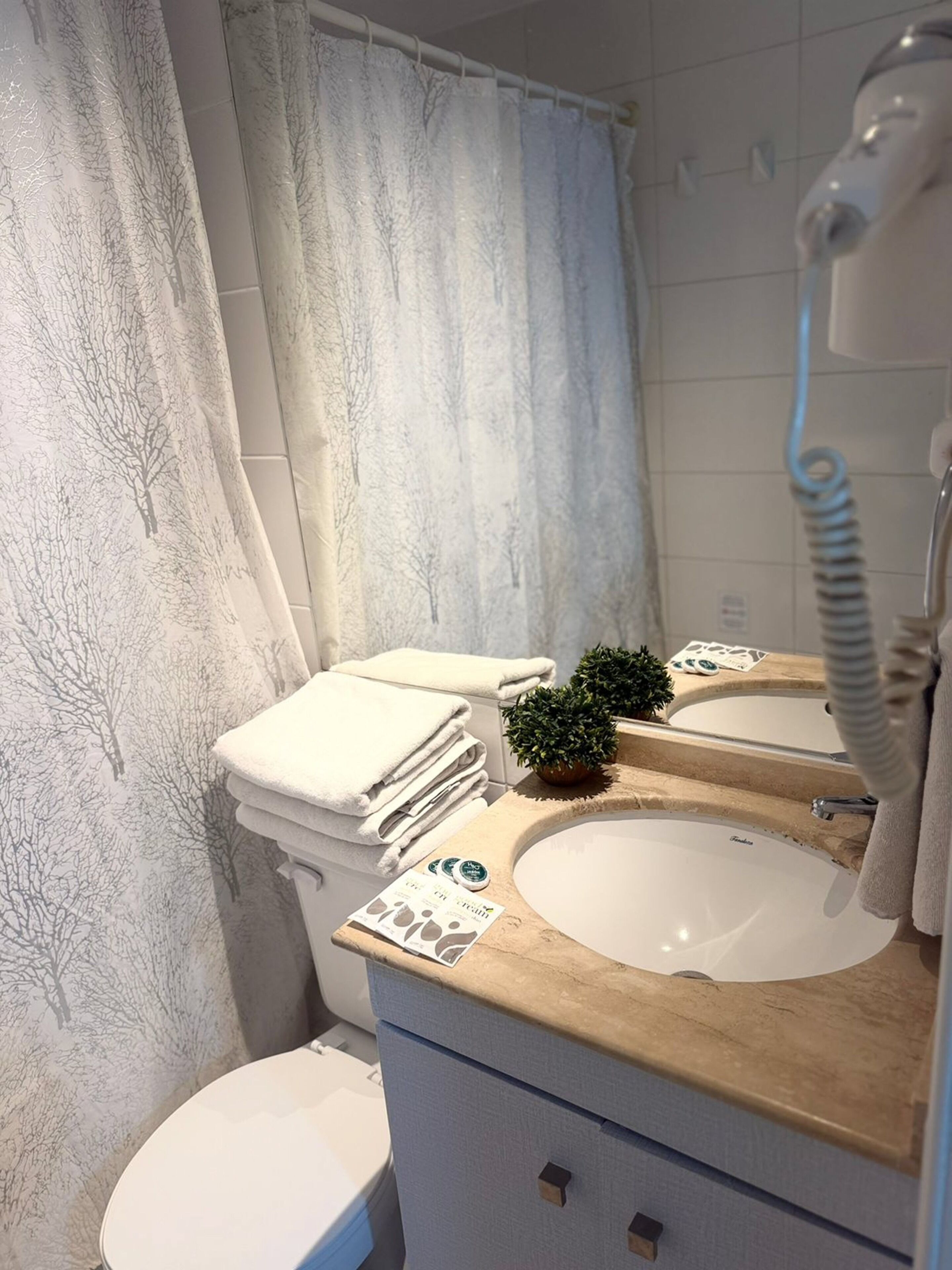 A bathroom with a toilet, sink, and shower curtain.