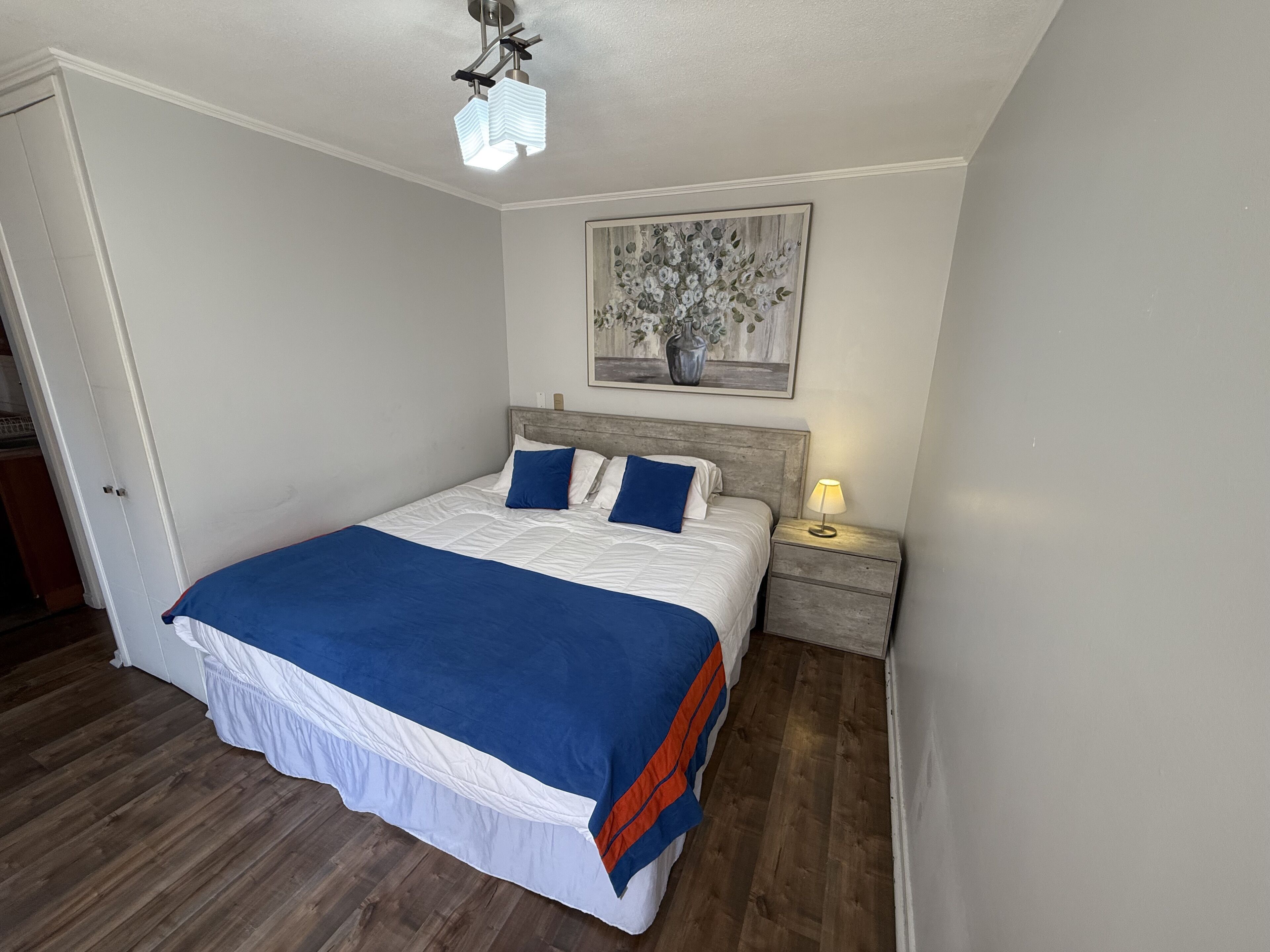 A bedroom with a bed, a nightstand, a wall-mounted lamp, and a painting.