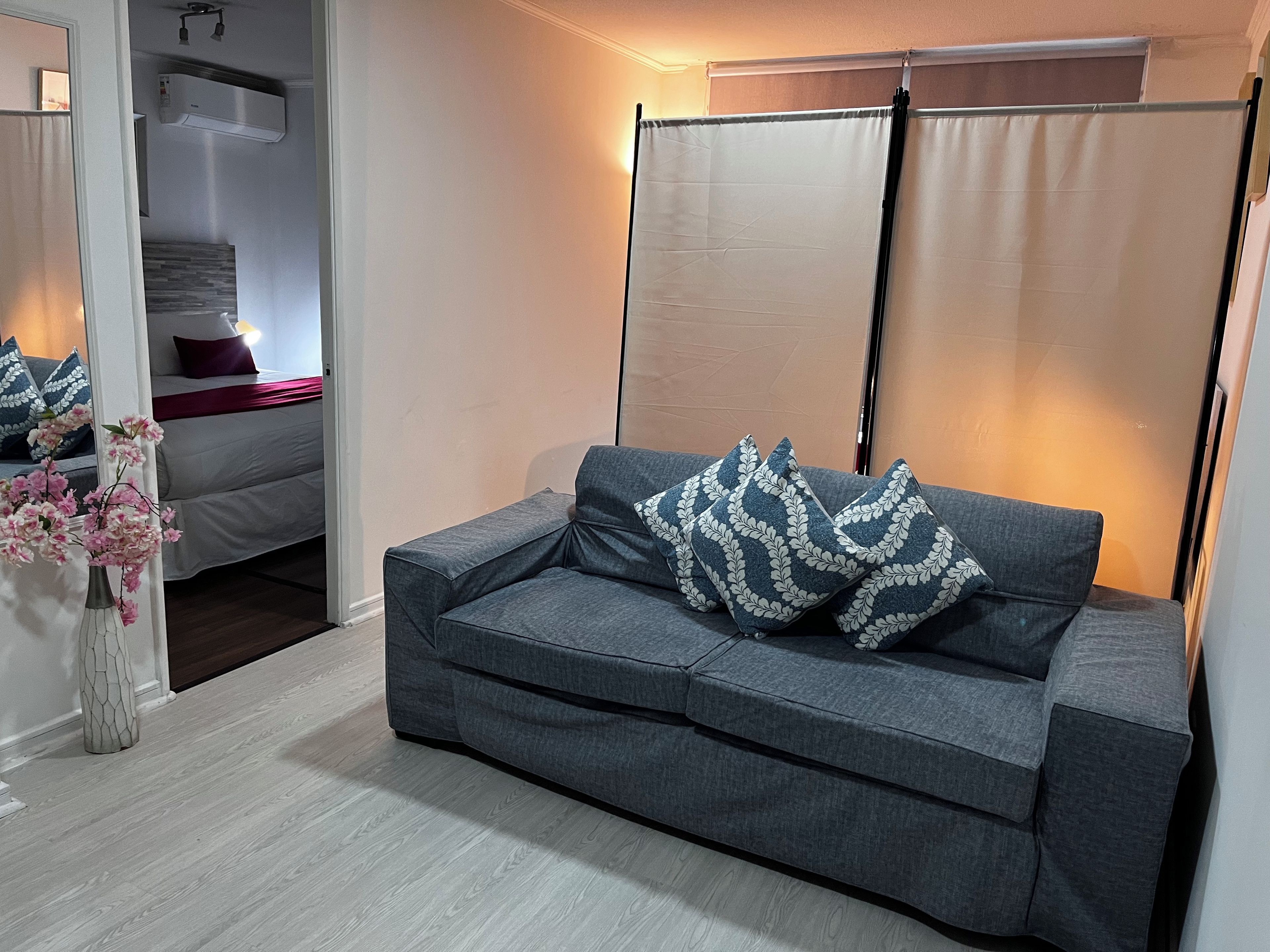 Een moderne woonkamer met een grijze bank, decoratieve kussens, een vaas met bloemen en een grote spiegel.