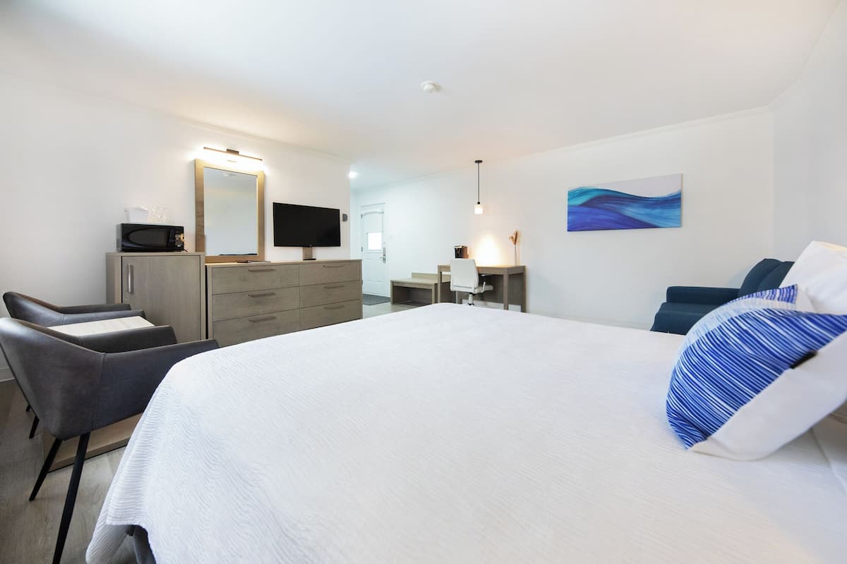 A hotel room with a large bed, a desk with a chair, a television, and a microwave on a cabinet.