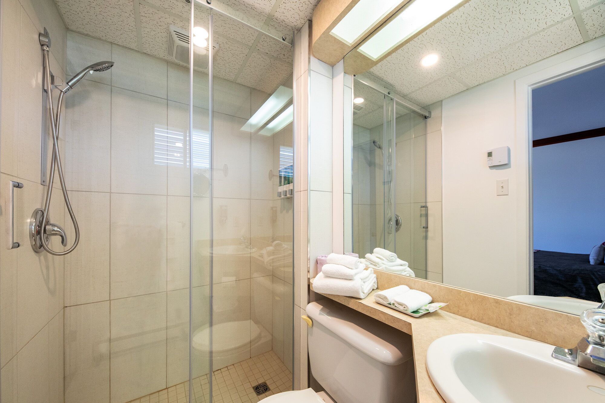 A modern bathroom with a glass-enclosed shower, a sink, and a mirror.