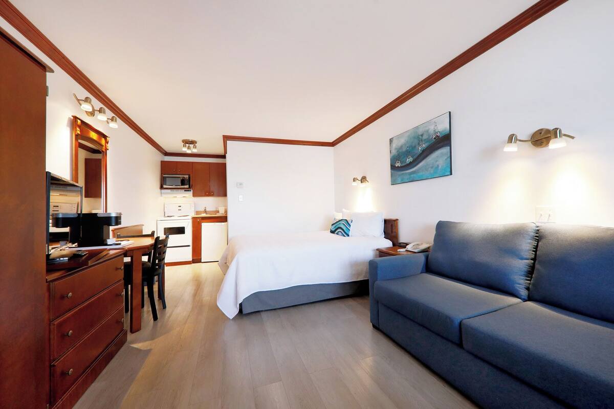 A compact room with a bed, a sofa, a desk with a chair, a kitchenette, and a painting on the wall.