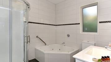 Free toiletries, hair dryer, heated floors, towels