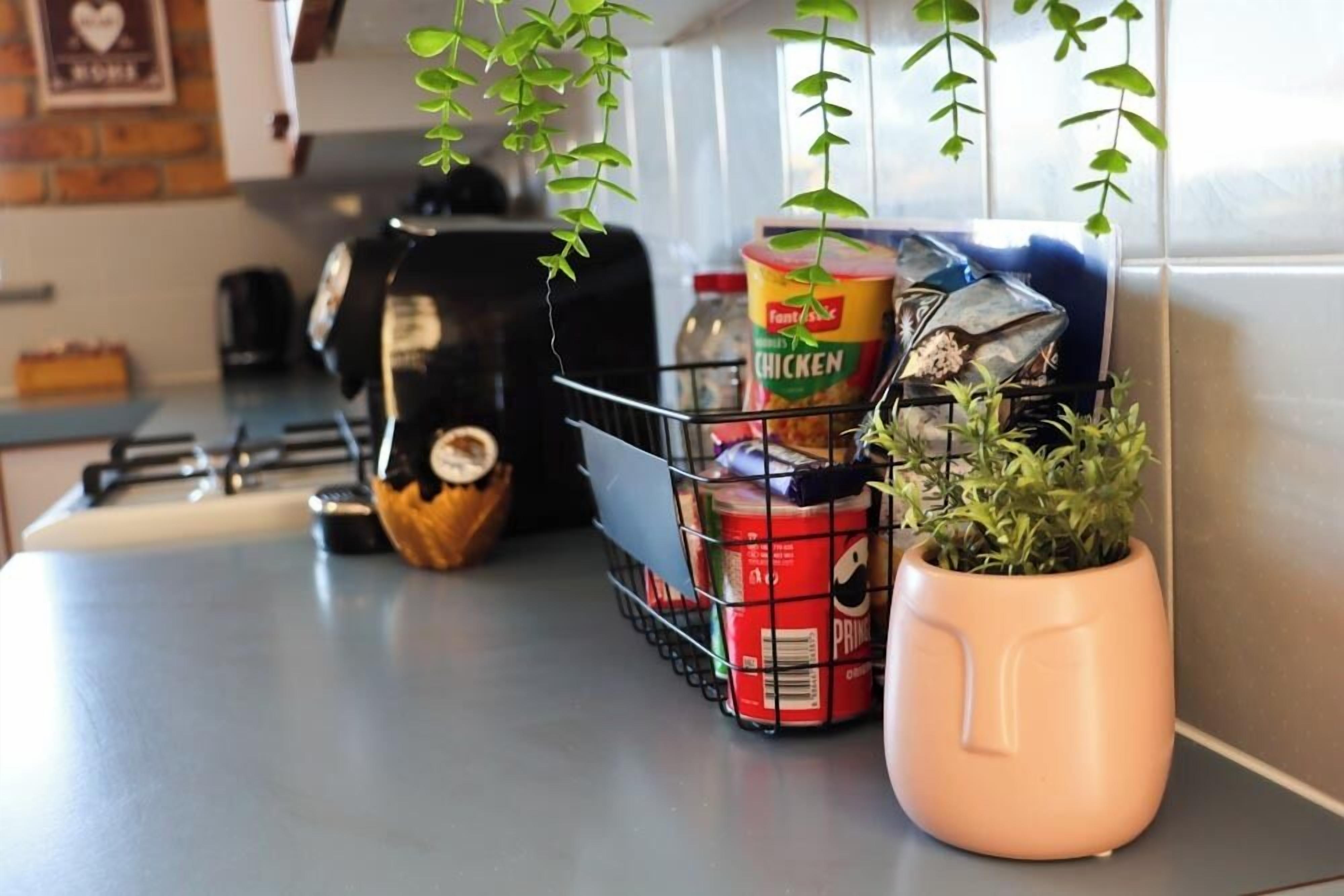 Een aanrecht met een hangende plant, een koffiezetapparaat en een rek met verschillende etenswaren.