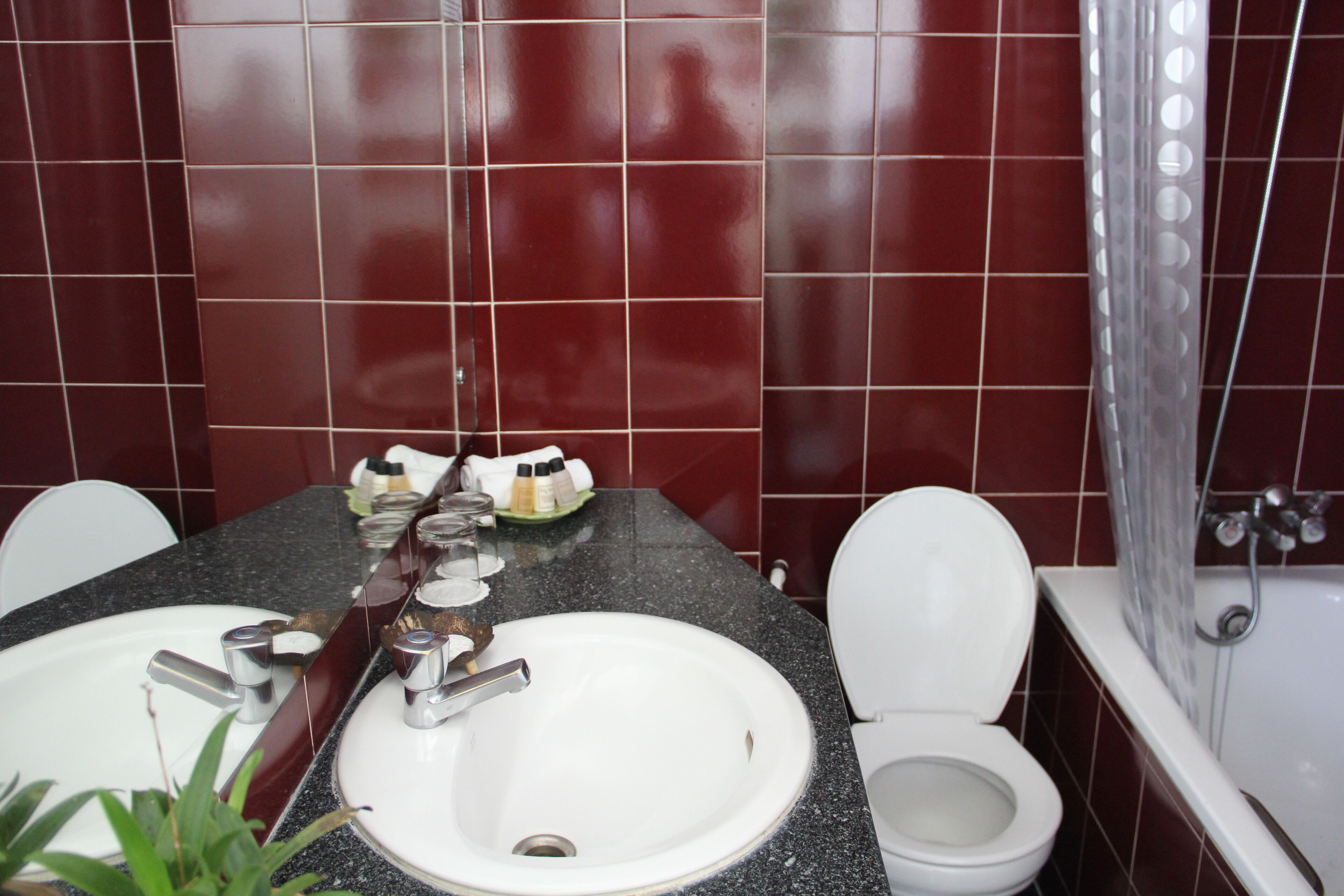 A bathroom with two sinks, a toilet, and a bathtub.