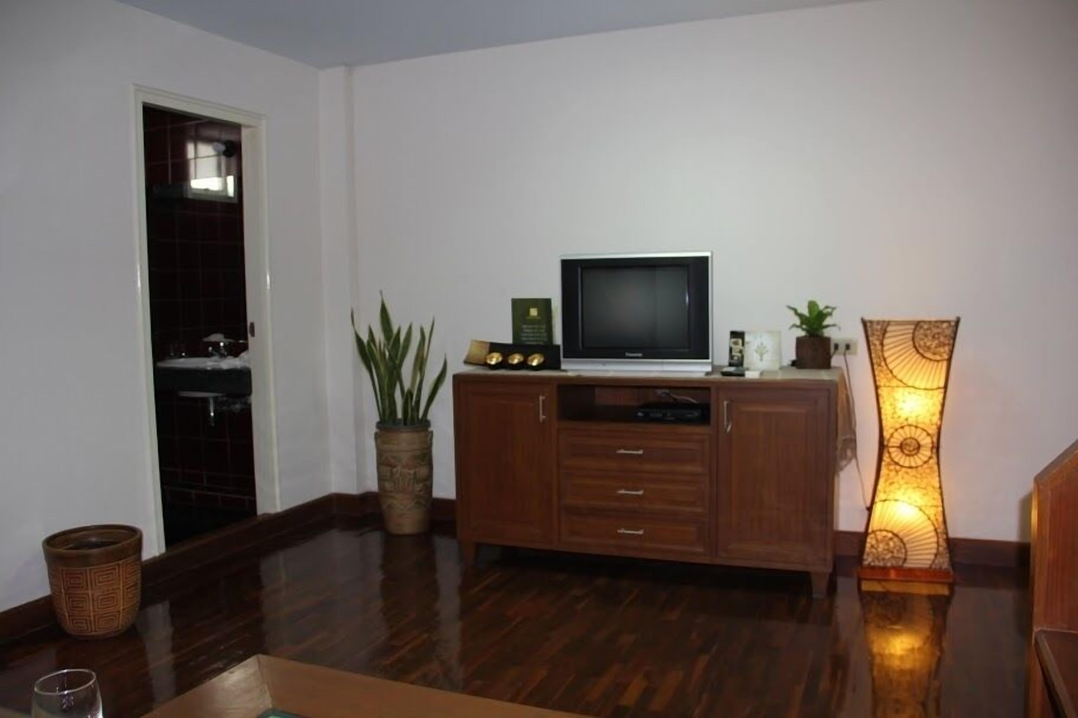 A living room with a wooden cabinet, a television, a plant, and a decorative lamp.