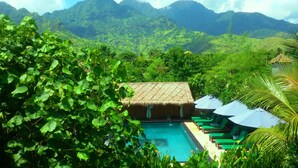 A pool area with a thatched-roof structure, surrounded by lush greenery and overlooking a mountainous landscape. - Man's Cottages and Spa (Pemuteran)