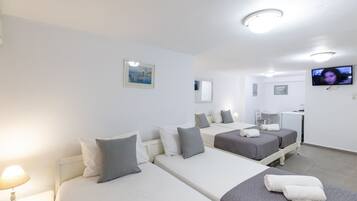 A hotel room with two single beds, a TV, and a desk with a chair.