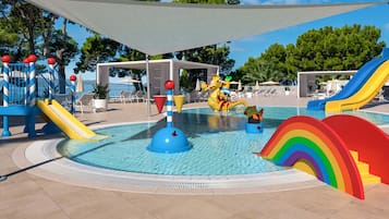 Ein Kinderspielbereich mit Rutschen, einem Pool und Blick auf den Strand.
