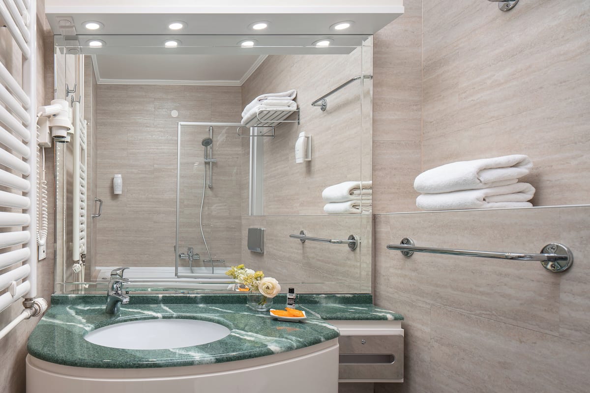 free toiletries, hair dryer, towels