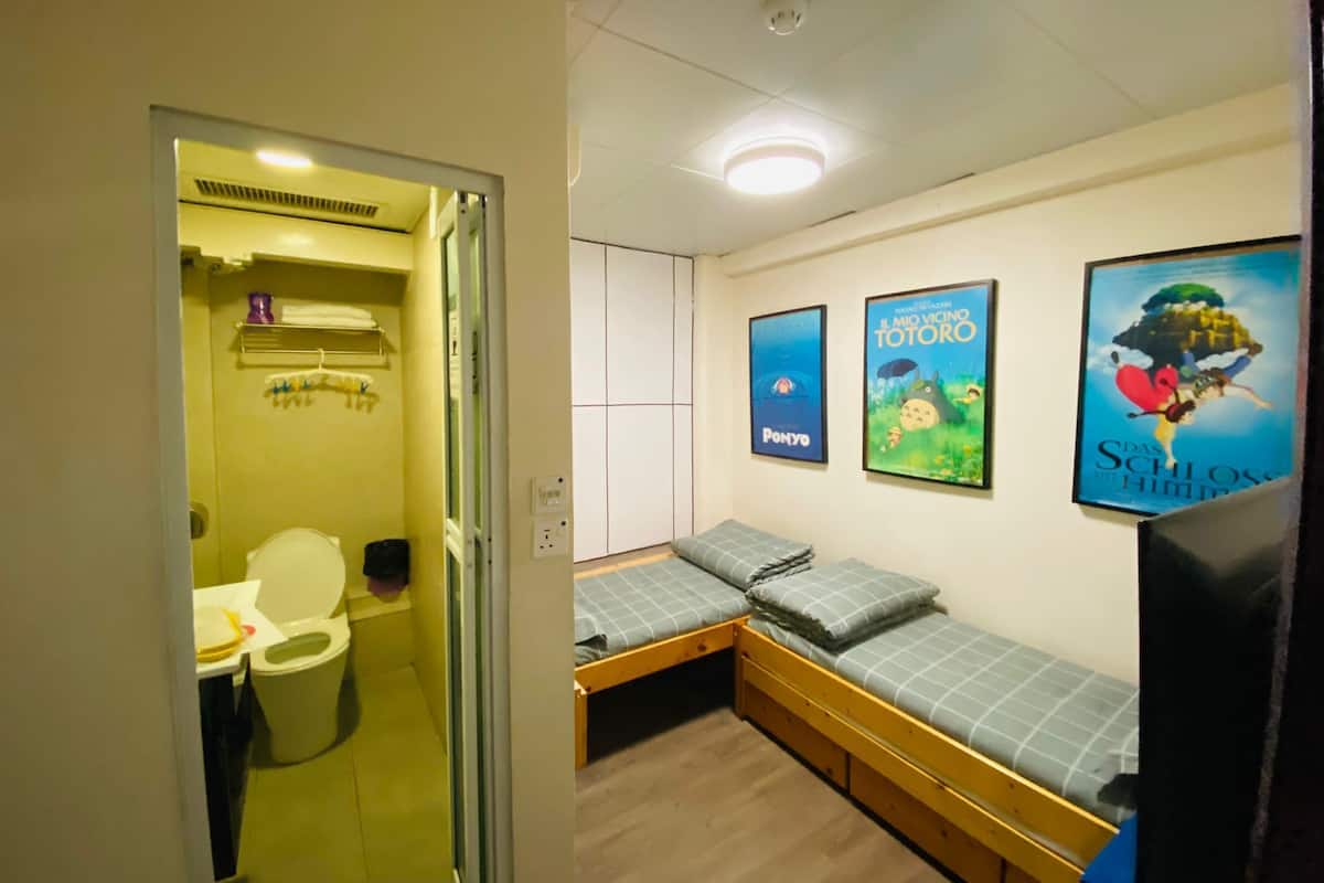 A small room with a bed, a toilet, and a shower. There are posters on the wall.