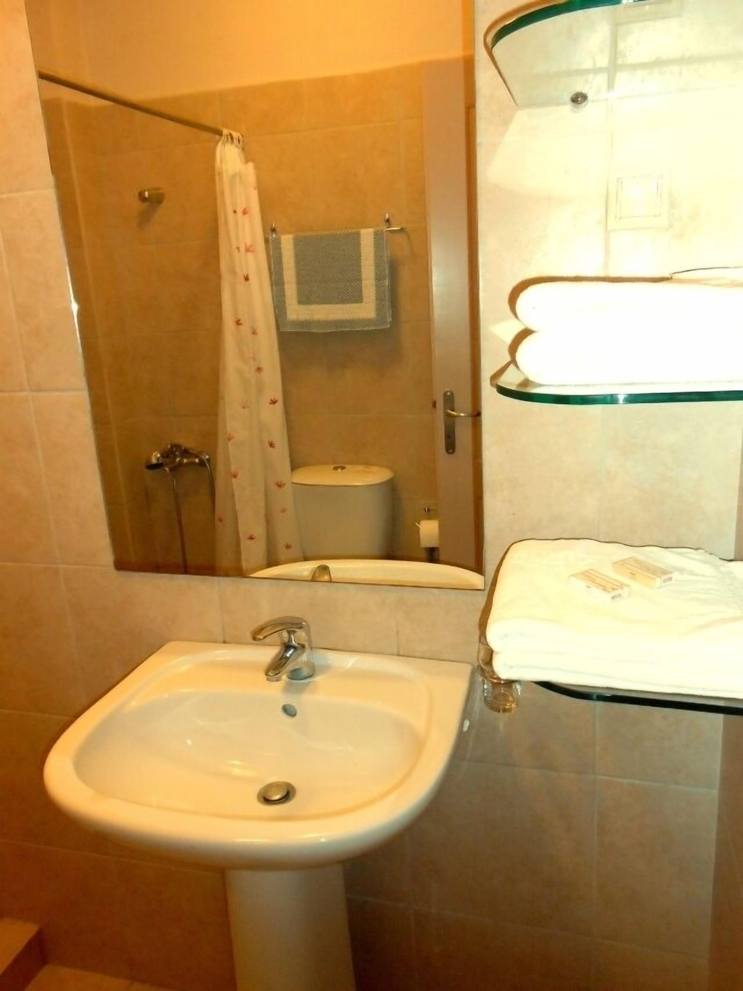 Ein Badezimmer mit Waschbecken, einer Glasablage, einer Dusche und einer Toilette.