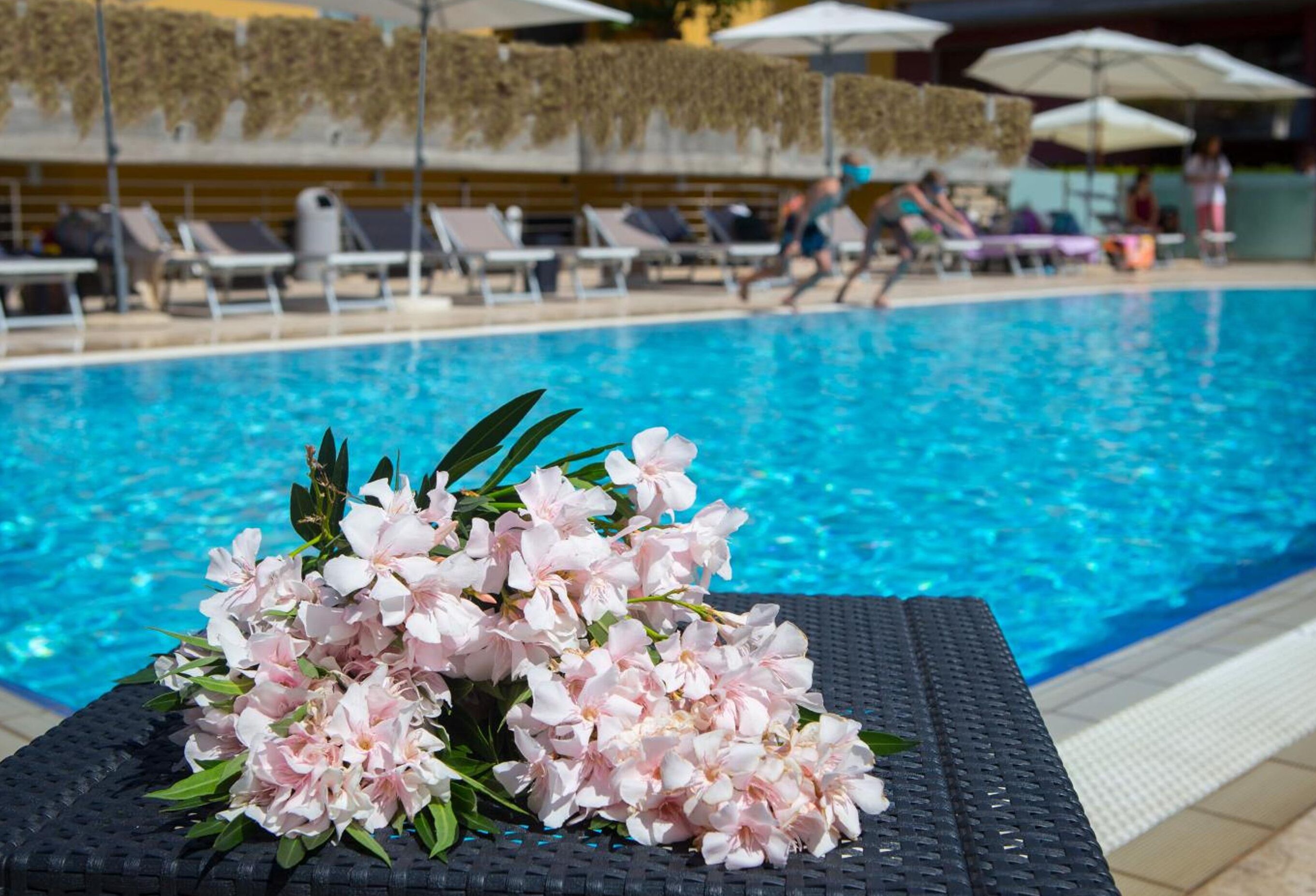 Piscine extérieure, chaises longues