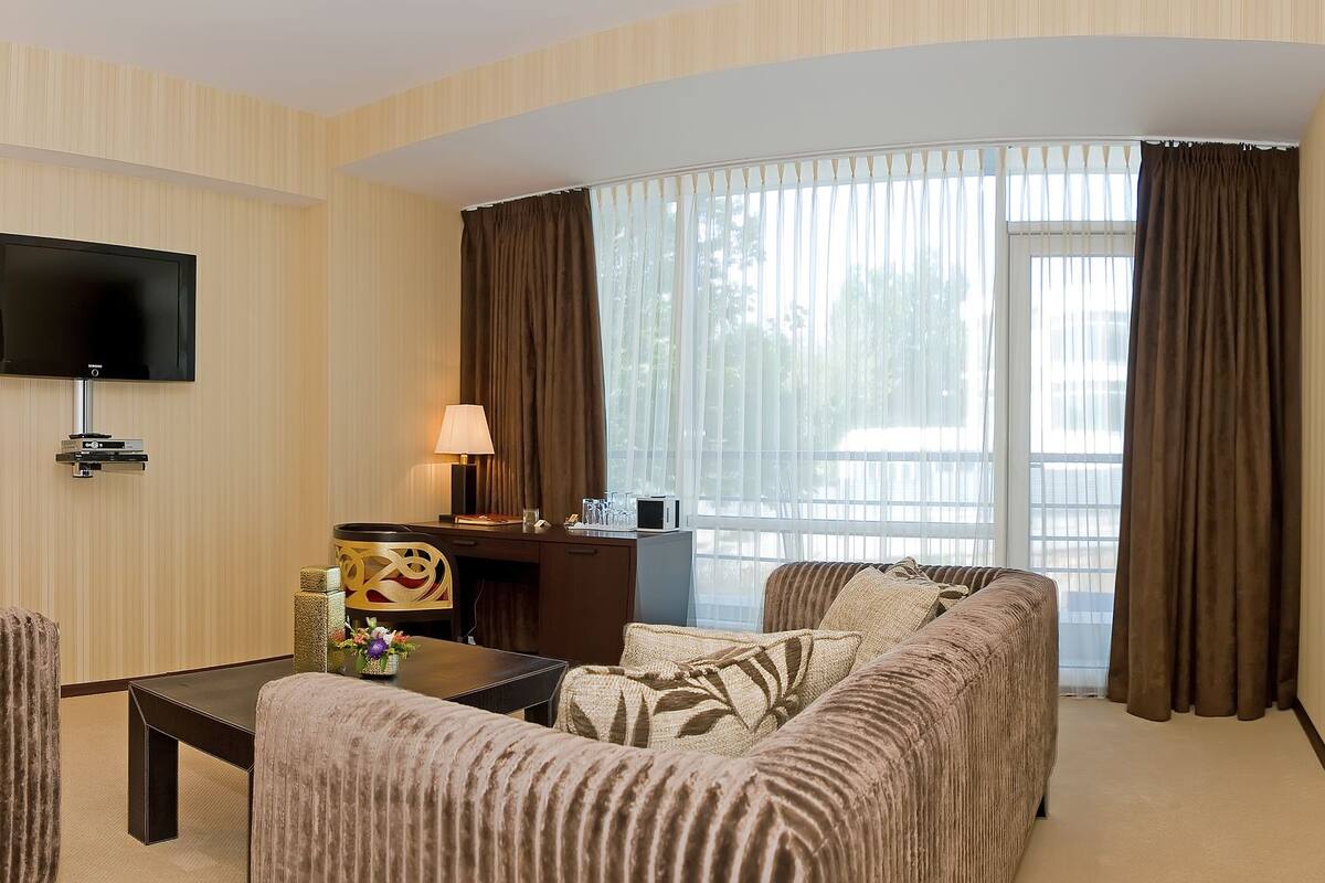 A hotel room with a bed, a desk, a sofa, and a TV.