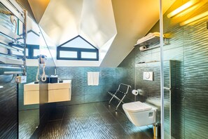 A modern bathroom with a skylight, a shower, and a toilet.
