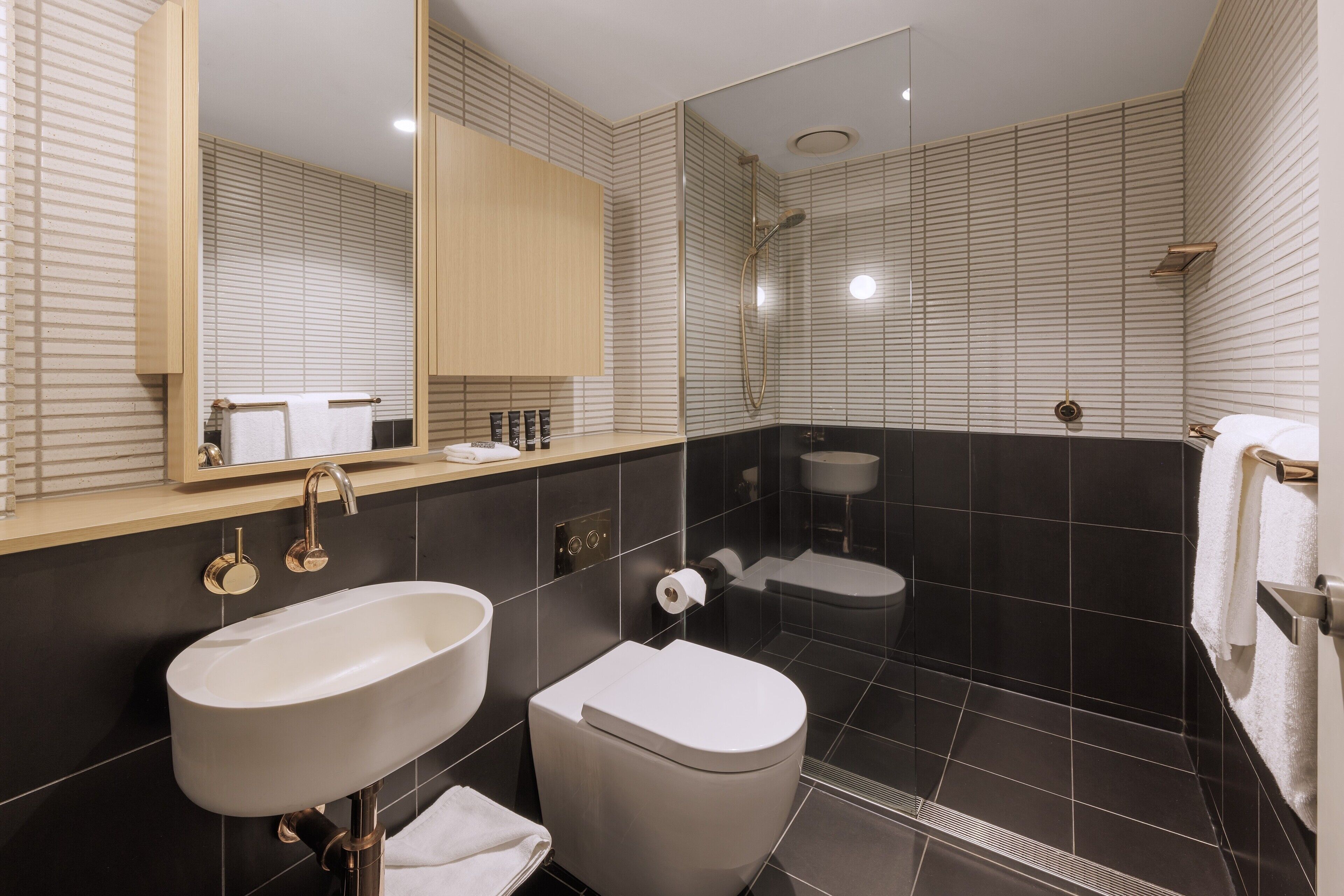 studio queen apartment | bathroom | shower, designer toiletries, hair dryer, towels