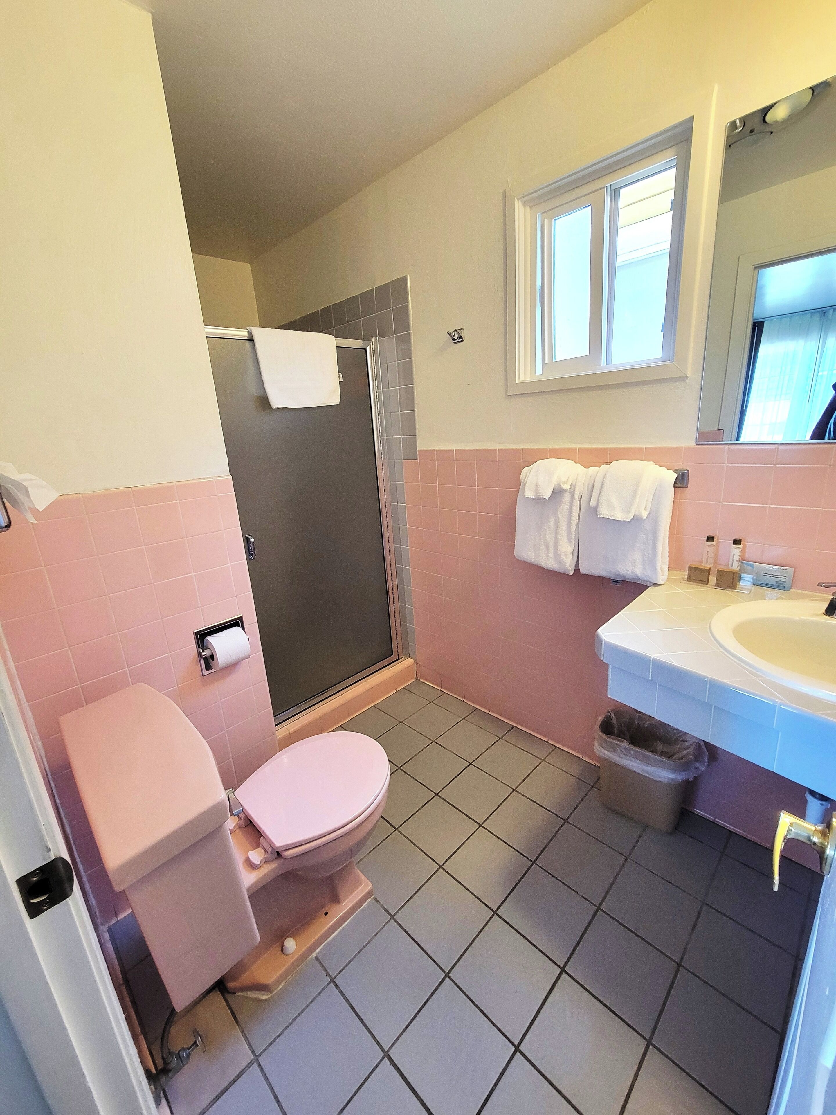 A bathroom with a toilet, shower, sink, and a window.
