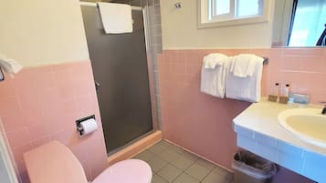 Une salle de bain équipée de toilettes, d’une douche, d’un lavabo et d’une fenêtre.
