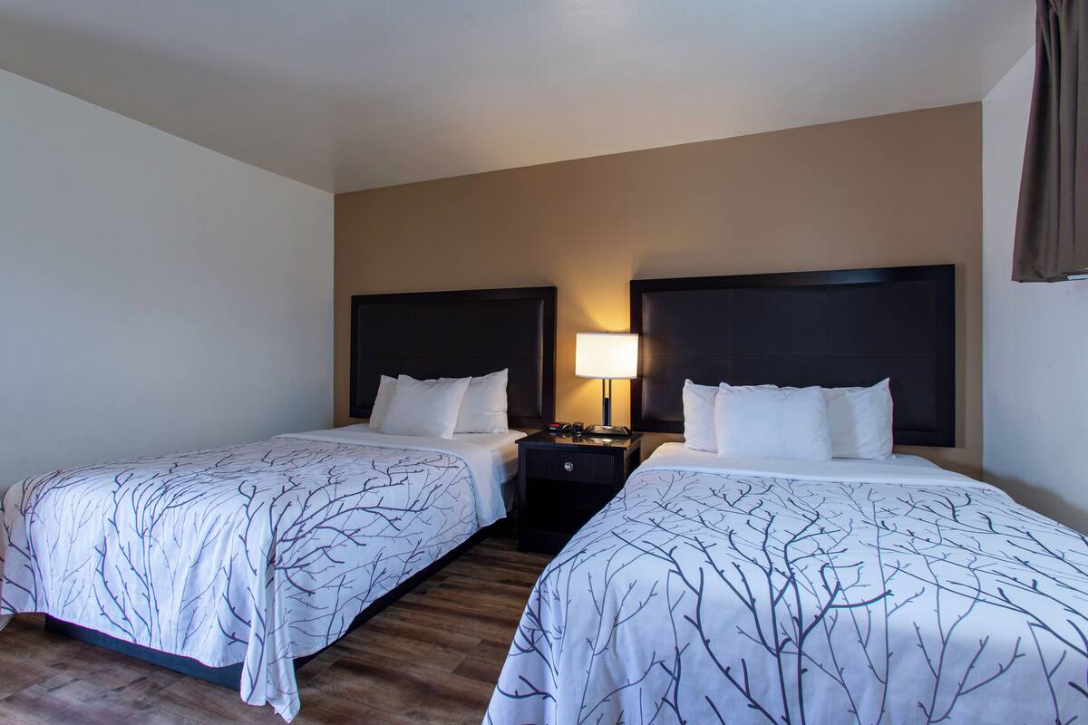 A hotel room with two beds, each with a headboard and a nightstand with a lamp.