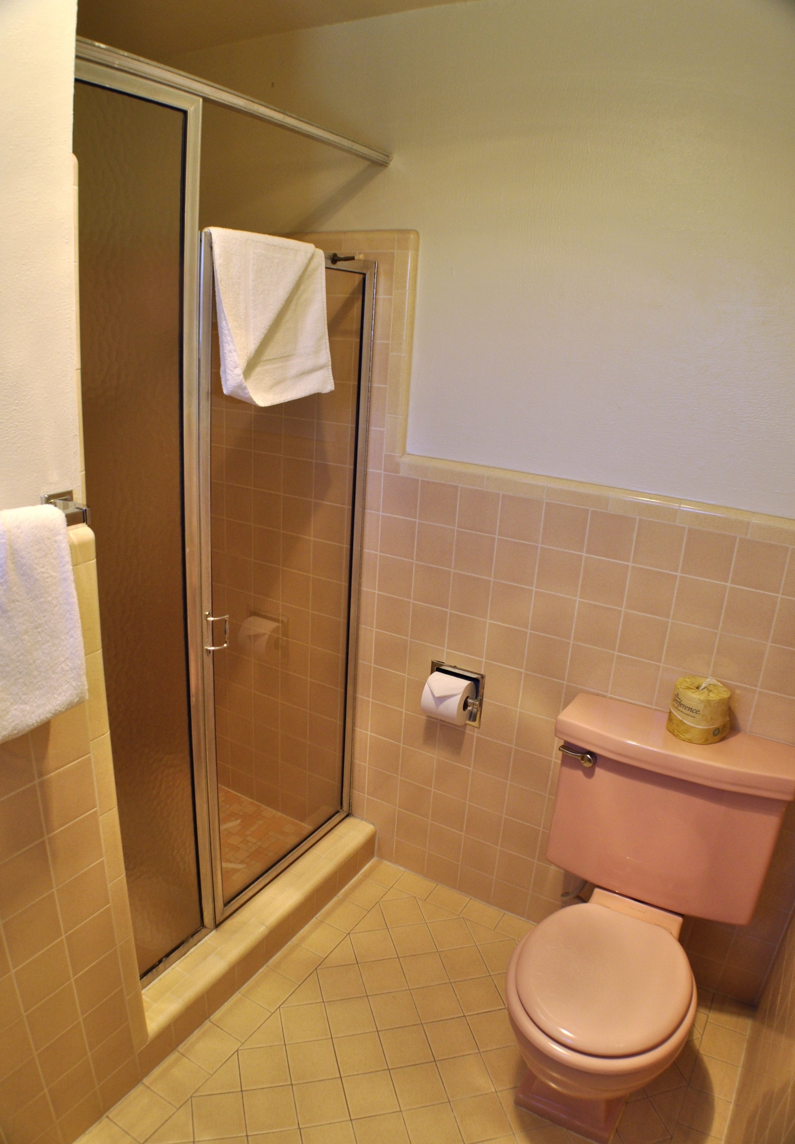 Une salle de bain avec une douche à parois de verre, des toilettes et un rouleau de papier toilette accroché au mur.
