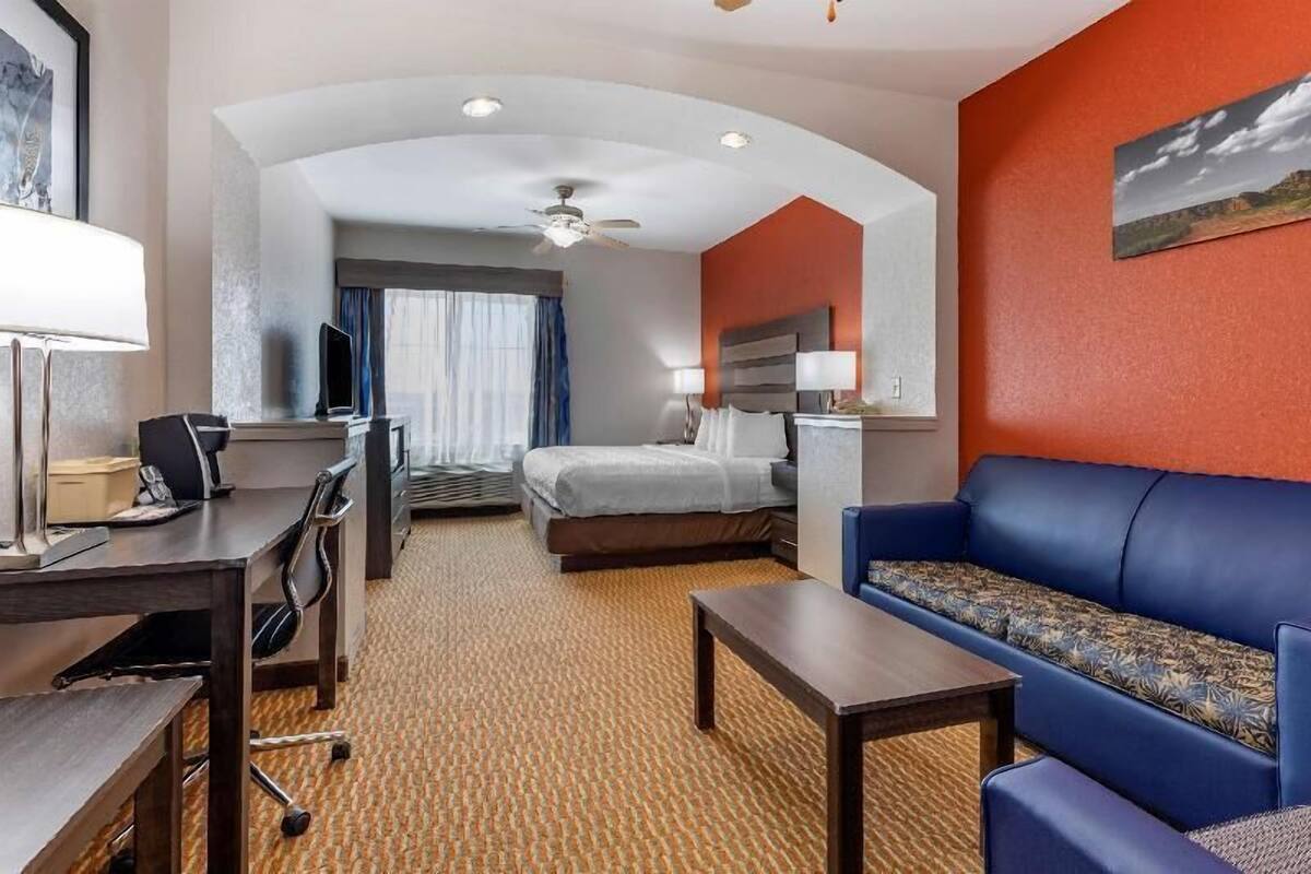 Une chambre d’hôtel équipée d’un lit, d’un canapé, d’un bureau avec un ordinateur, d’une télévision et d’un ventilateur de plafond.