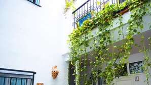 Un edificio de fachada blanca, con un balcón cubierto de enredaderas verdes, una ventana y una puerta.
