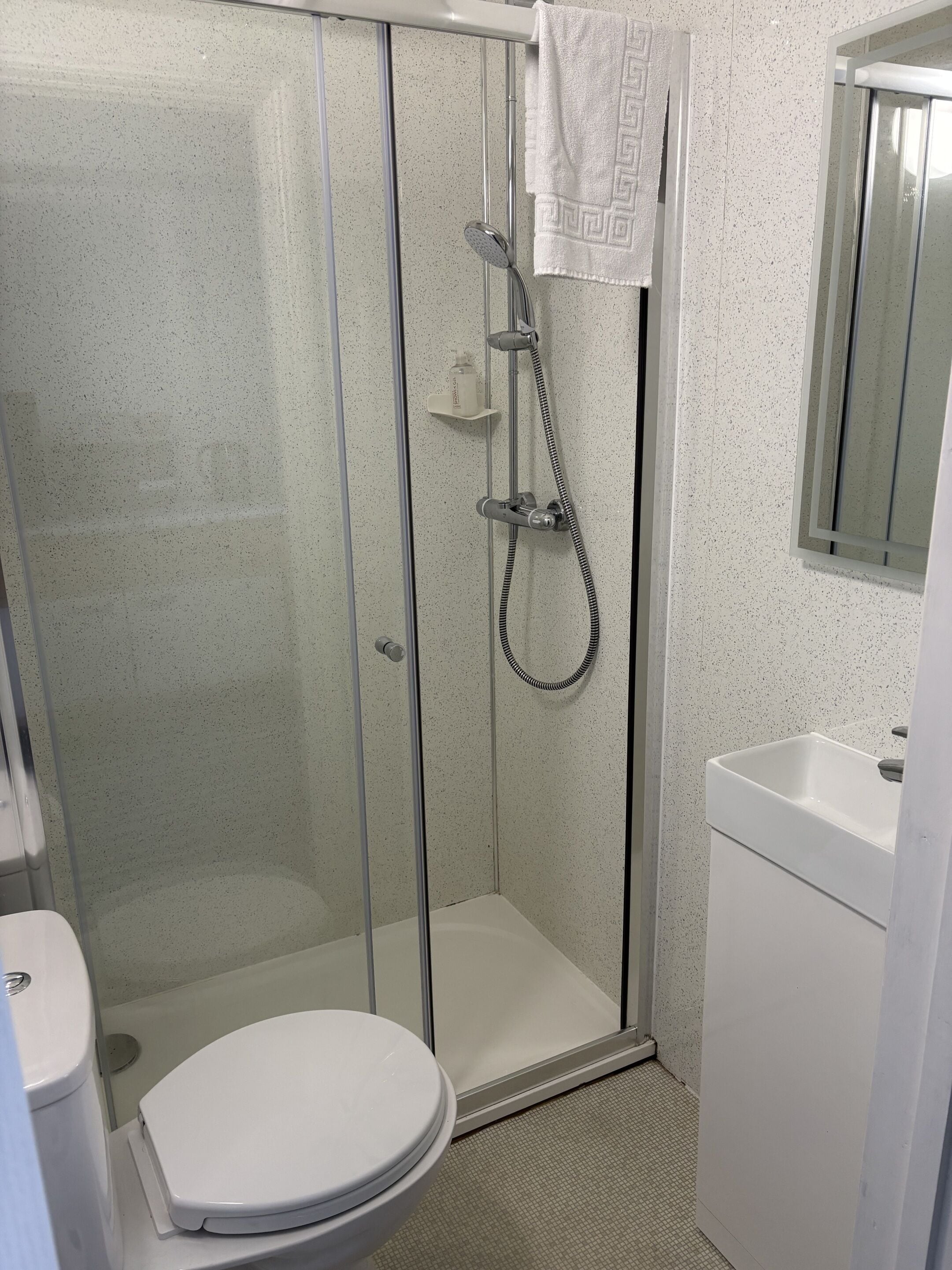 A glass-enclosed shower stall with a handheld showerhead and a towel hanging on the wall.