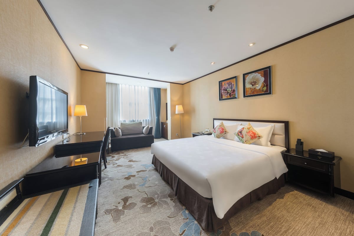 Una habitación de hotel con una cama grande, un escritorio con televisor, un sofá y dos lámparas.