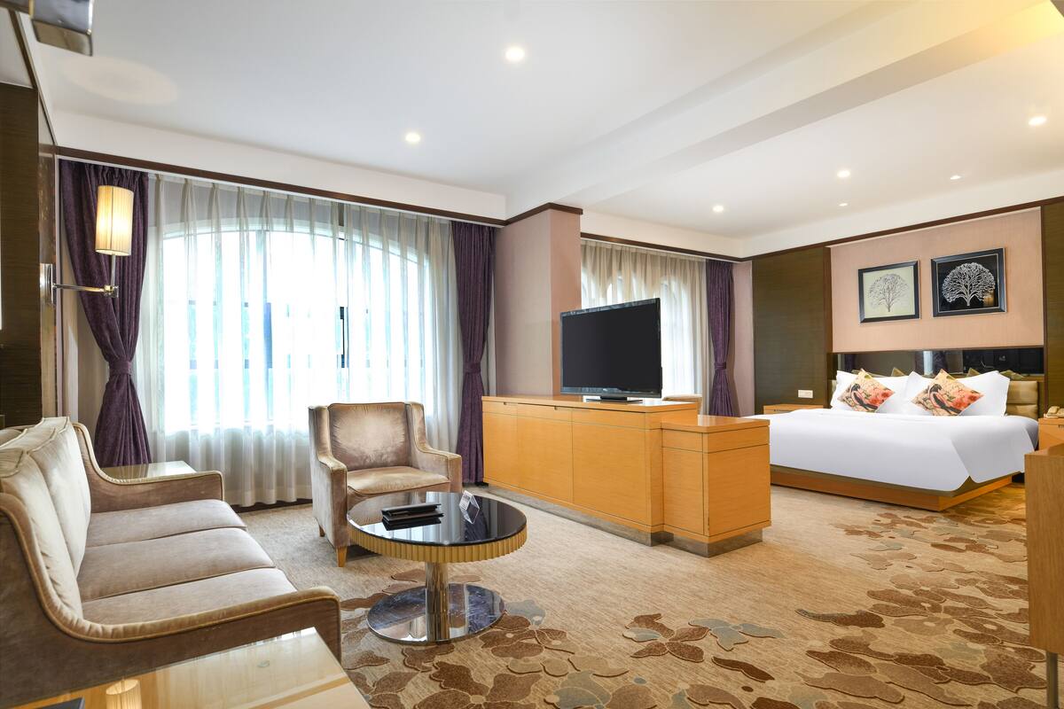 Habitación de hotel con sofá, sillón, mesa de centro, televisor, cama y escritorio.