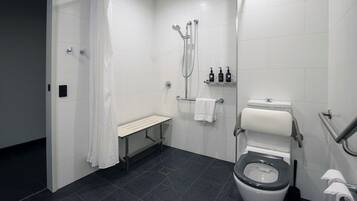 A modern bathroom with a shower, toilet, and bench.