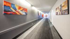 A hallway with two large abstract paintings on the walls, carpeted floors, and a modern ceiling design. - Nightcap at Coolaroo Hotel (Coolaroo)