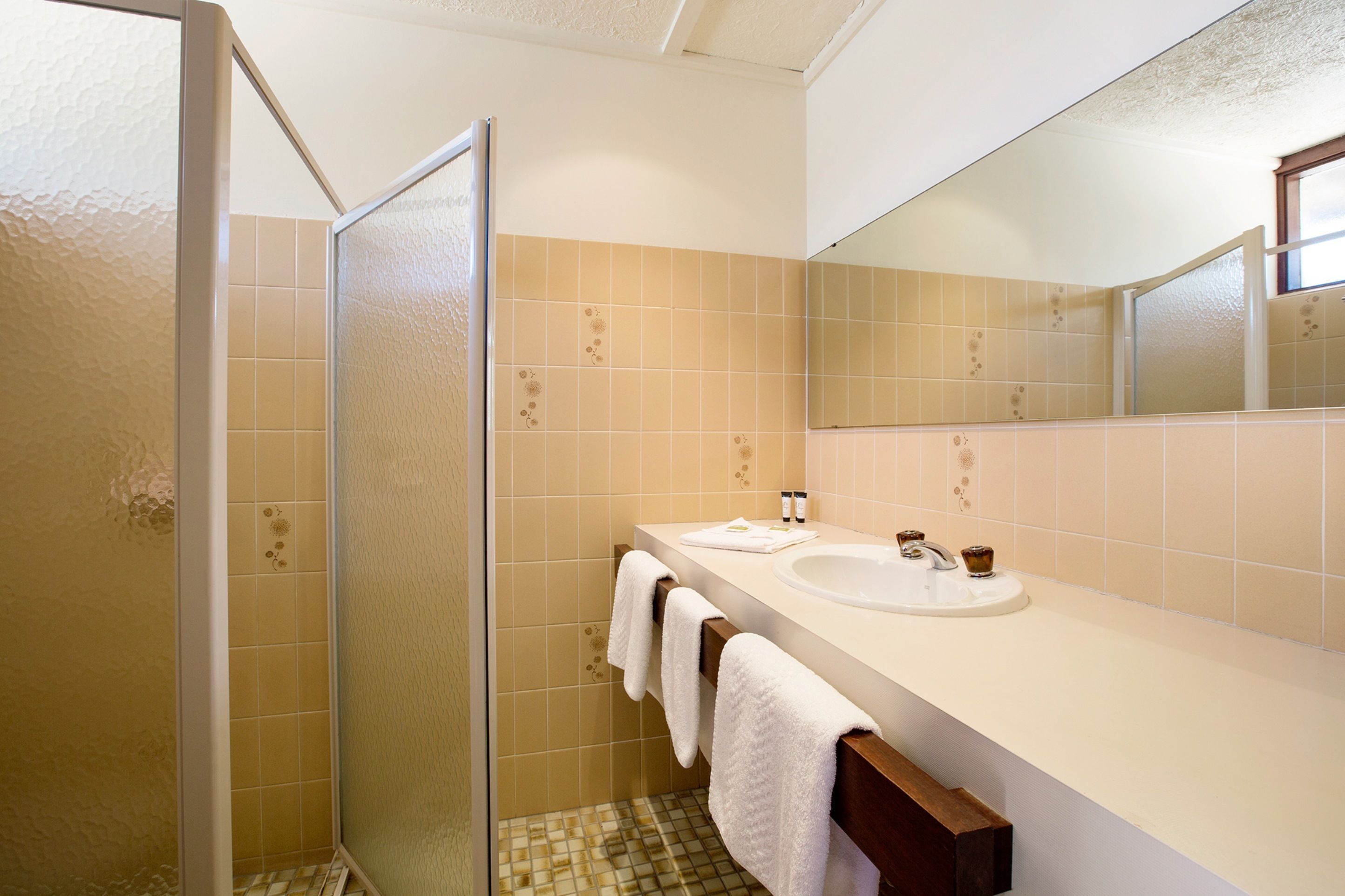 A bathroom with two sinks, a shower, and a large mirror.