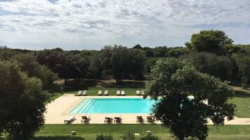 Ein rechteckiger Pool mit Liegestühlen, umgeben von Grünflächen und Bäumen.