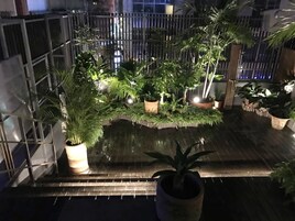 Un jardín en la azotea con plantas en macetas y una pequeña fuente.
