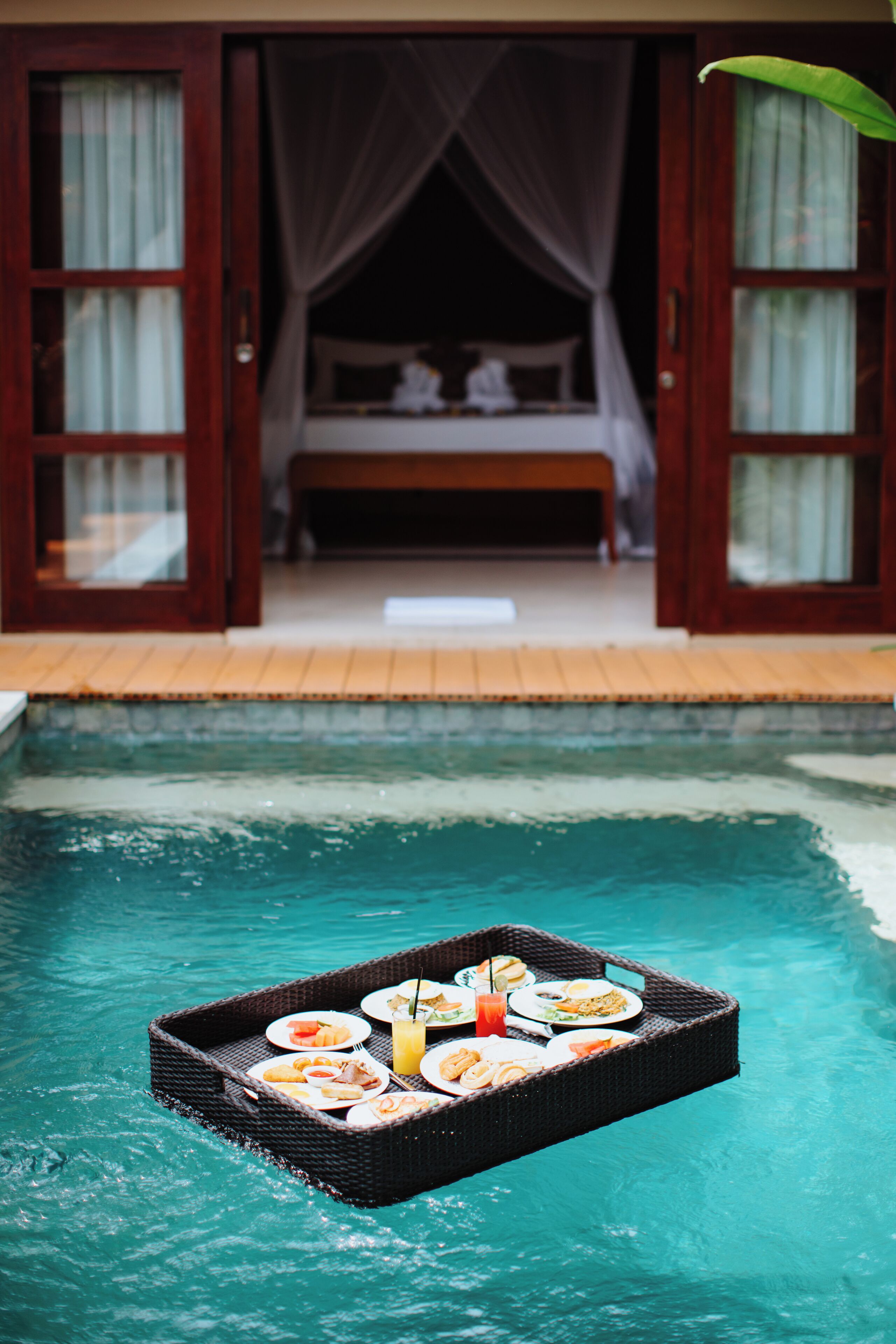 Outdoor pool, pool umbrellas, pool loungers