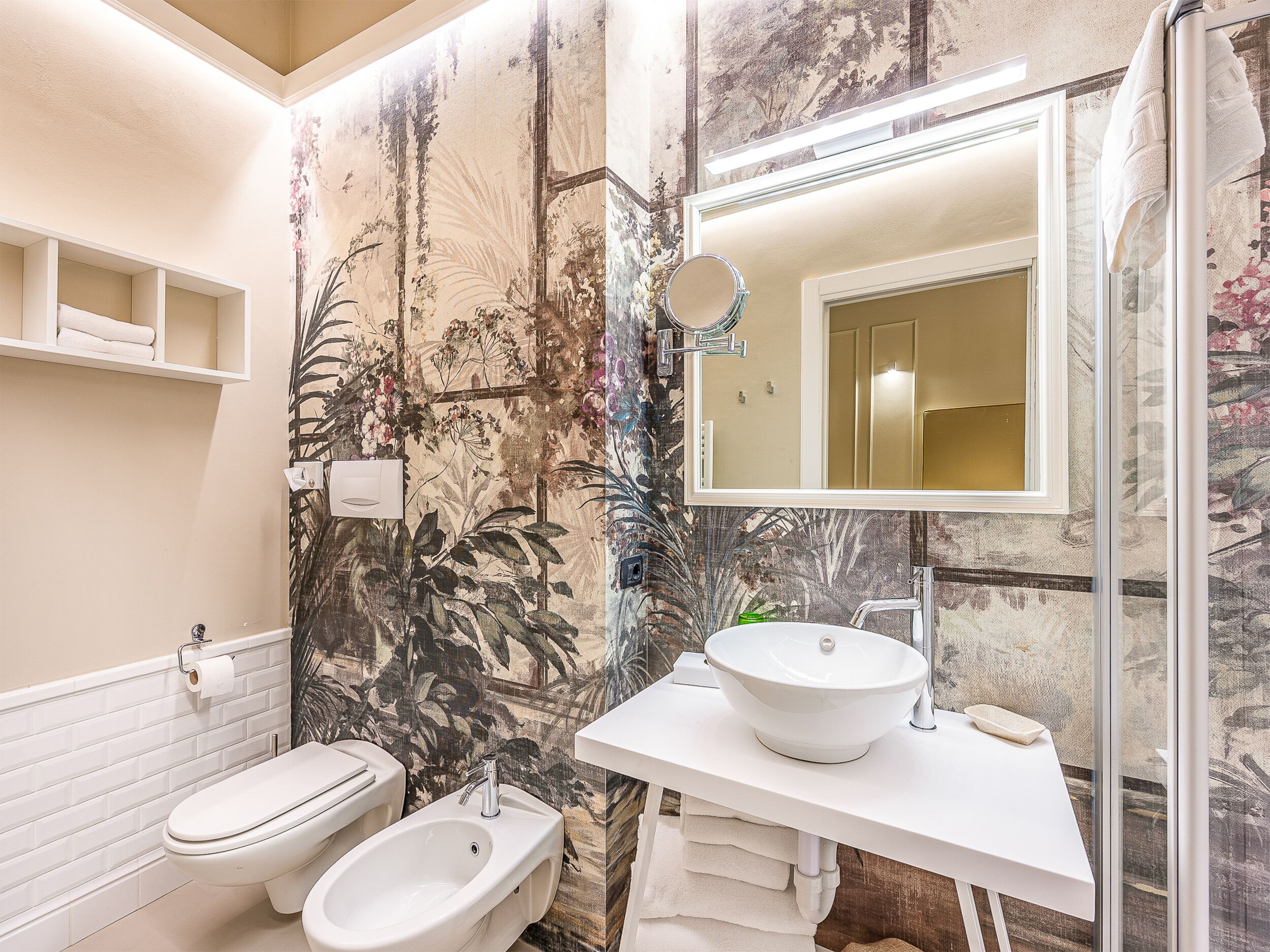 hair dryer, bidet, towels, soap