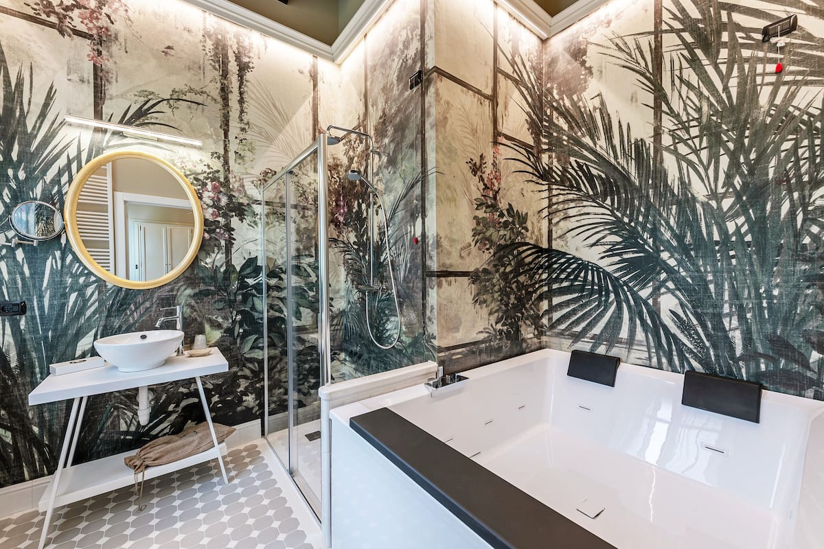 luxury room | bathroom | hair dryer, bidet, towels, soap