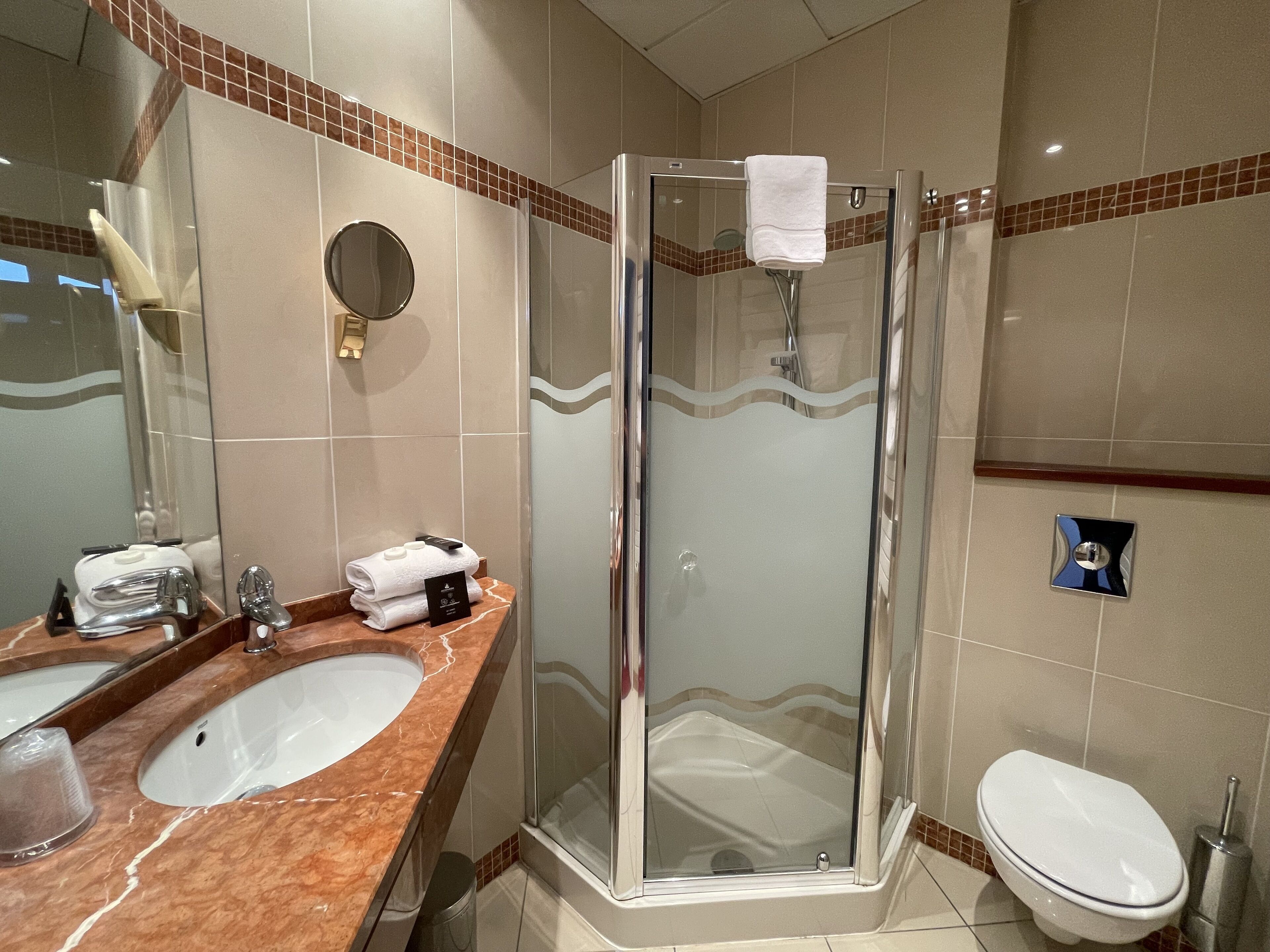 A bathroom with a glass-enclosed shower, a sink with a marble countertop, a toilet, and a mirror.