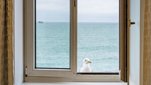 Una ventana con vista al mar y una gaviota.
